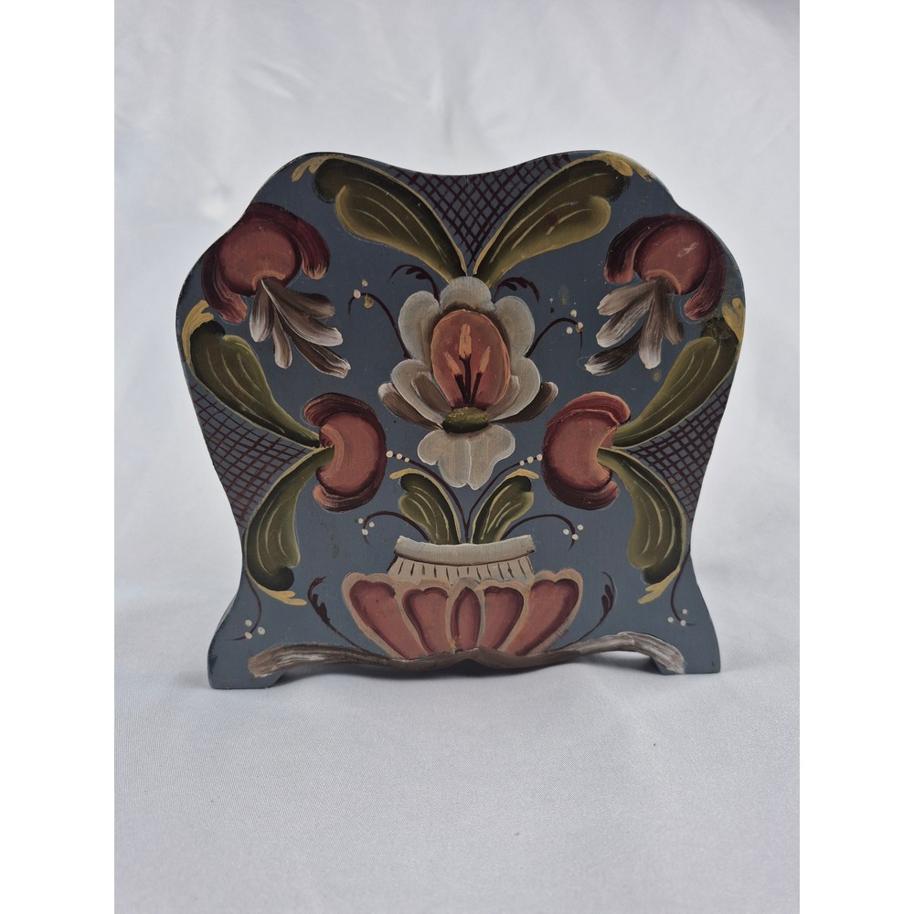 Signed C Ystad 1989 Hand Painted Rosemaling Wooden Napkin Letter Holder Folk Art